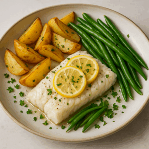 Ugnsbakad torsk med gröna bönor och citronpotatis