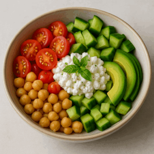 Kikärtsbowl med tomat, avokado och keso