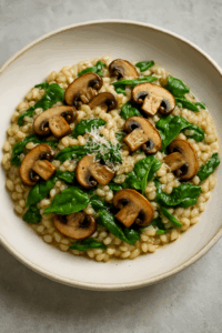 Korngrynsrisotto med svamp och spenat